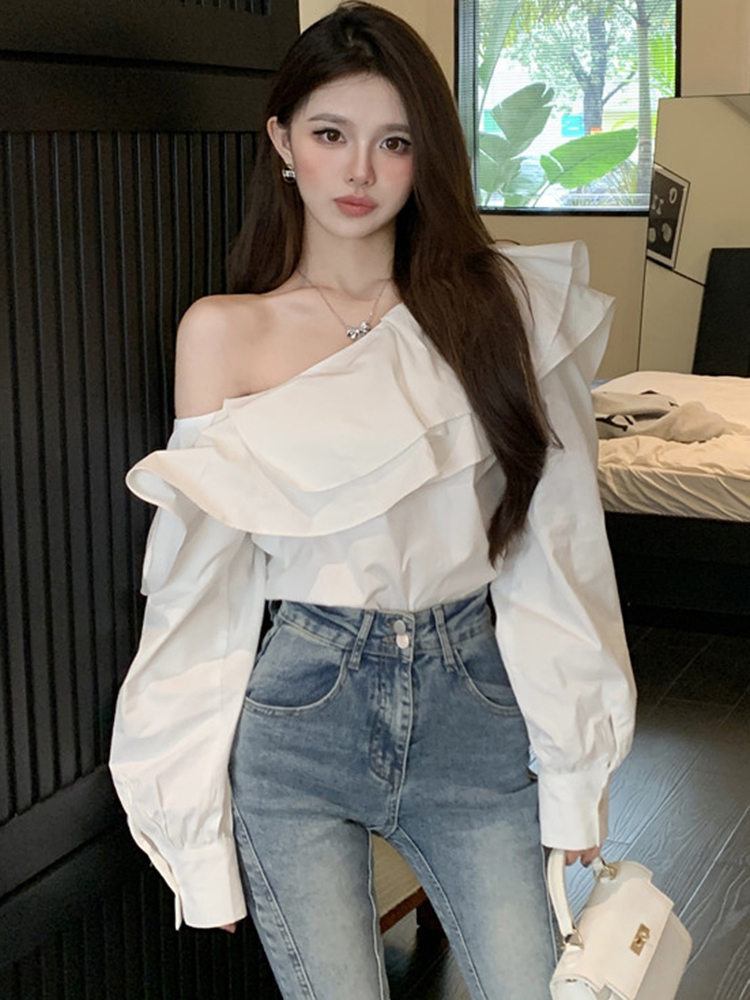 Plus Size Ruffled Off-Shoulder Long Sleeve White Top for Women, Autumn French Style, Flattering Design for Curvy Figures Plus Size Ruffled Off-Shoulder Long Sleeve White Top for Women, Autumn French Style, Flattering Design for Curvy Figures