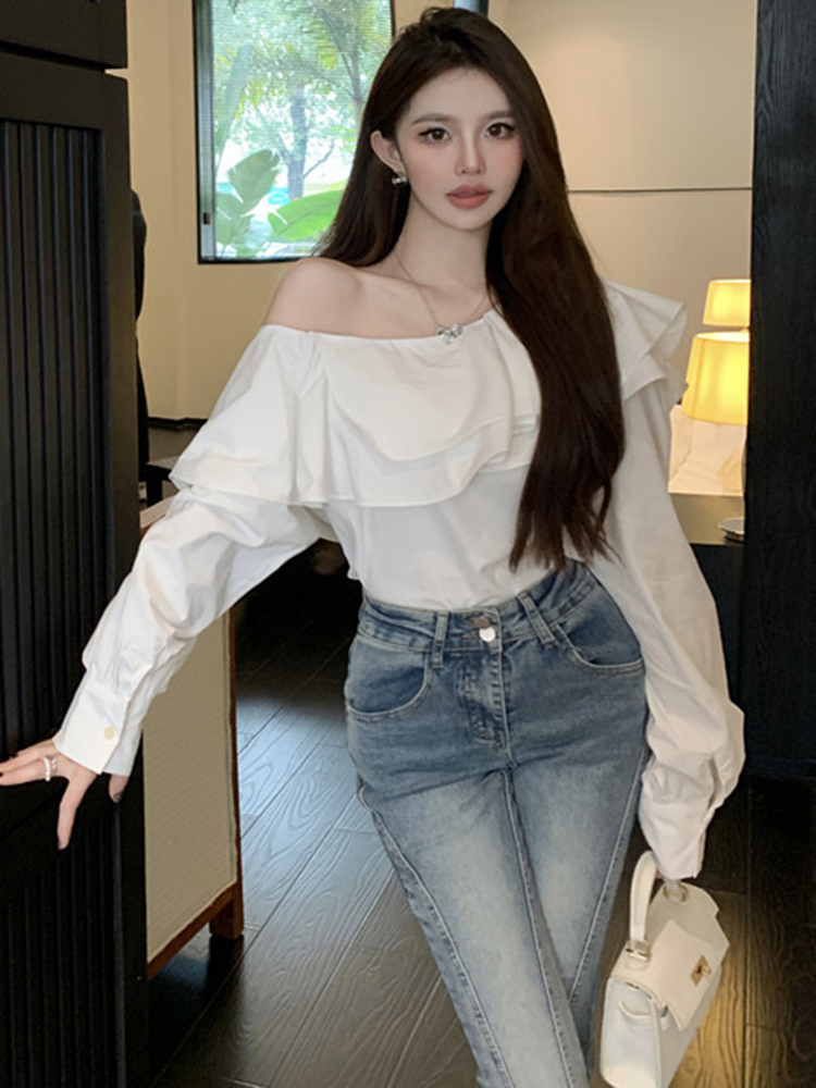Plus Size Ruffled Off-Shoulder Long Sleeve White Top for Women, Autumn French Style, Flattering Design for Curvy Figures Plus Size Ruffled Off-Shoulder Long Sleeve White Top for Women, Autumn French Style, Flattering Design for Curvy Figures