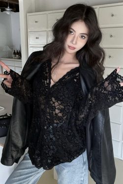 Plus Size Sexy V-Neck Long Sleeve Lace Top for Women - Elegant Hollow-Out Sheer Blouse for Autumn & Winter, Loose & Slimming Fit