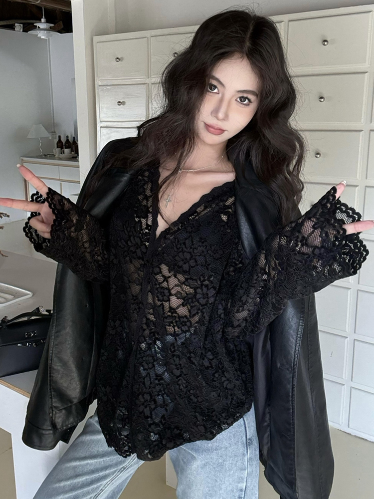 Plus Size Sexy V-Neck Long Sleeve Lace Top for Women - Elegant Hollow-Out Sheer Blouse for Autumn & Winter, Loose & Slimming Fit Plus Size Sexy V-Neck Long Sleeve Lace Top for Women - Elegant Hollow-Out Sheer Blouse for Autumn & Winter, Loose & Slimming Fit