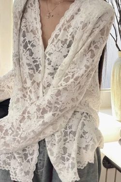 Plus Size Sexy V-Neck Long Sleeve Lace Top for Women - Elegant Hollow-Out Sheer Blouse for Autumn & Winter, Loose & Slimming Fit