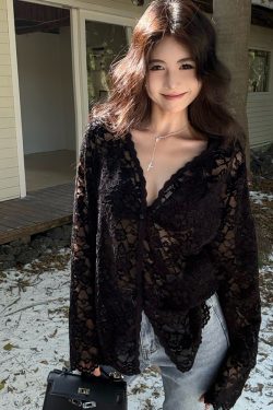 Plus Size Sexy V-Neck Long Sleeve Lace Top for Women - Elegant Hollow-Out Sheer Blouse for Autumn & Winter, Loose & Slimming Fit