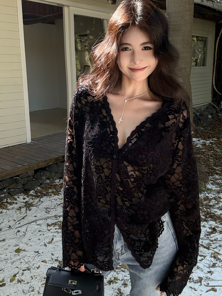 Plus Size Sexy V-Neck Long Sleeve Lace Top for Women - Elegant Hollow-Out Sheer Blouse for Autumn & Winter, Loose & Slimming Fit Plus Size Sexy V-Neck Long Sleeve Lace Top for Women - Elegant Hollow-Out Sheer Blouse for Autumn & Winter, Loose & Slimming Fit