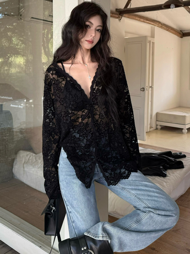 Plus Size Sexy V-Neck Long Sleeve Lace Top for Women - Elegant Hollow-Out Sheer Blouse for Autumn & Winter, Loose & Slimming Fit Plus Size Sexy V-Neck Long Sleeve Lace Top for Women - Elegant Hollow-Out Sheer Blouse for Autumn & Winter, Loose & Slimming Fit