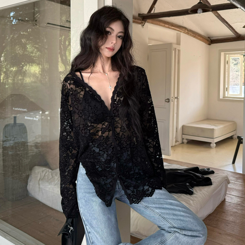 Plus Size Sexy V-Neck Long Sleeve Lace Top for Women - Elegant Hollow-Out Sheer Blouse for Autumn & Winter, Loose & Slimming Fit Plus Size Sexy V-Neck Long Sleeve Lace Top for Women - Elegant Hollow-Out Sheer Blouse for Autumn & Winter, Loose & Slimming Fit