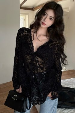 Plus Size Sexy V-Neck Long Sleeve Lace Top for Women - Elegant Hollow-Out Sheer Blouse for Autumn & Winter, Loose & Slimming Fit