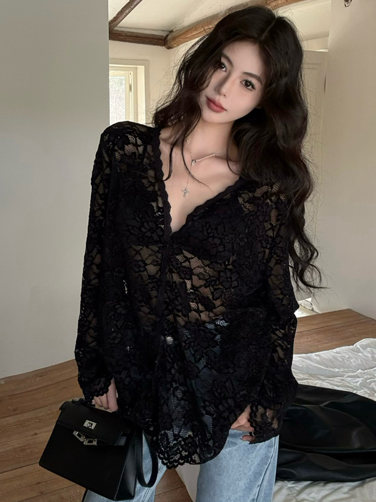 Plus Size Sexy V-Neck Long Sleeve Lace Top for Women - Elegant Hollow-Out Sheer Blouse for Autumn & Winter, Loose & Slimming Fit Plus Size Sexy V-Neck Long Sleeve Lace Top for Women - Elegant Hollow-Out Sheer Blouse for Autumn & Winter, Loose & Slimming Fit