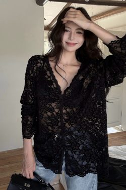 Plus Size Sexy V-Neck Long Sleeve Lace Top for Women - Elegant Hollow-Out Sheer Blouse for Autumn & Winter, Loose & Slimming Fit