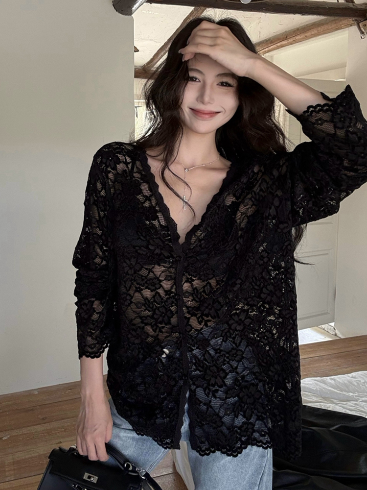 Plus Size Sexy V-Neck Long Sleeve Lace Top for Women - Elegant Hollow-Out Sheer Blouse for Autumn & Winter, Loose & Slimming Fit Plus Size Sexy V-Neck Long Sleeve Lace Top for Women - Elegant Hollow-Out Sheer Blouse for Autumn & Winter, Loose & Slimming Fit