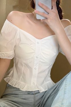 Plus-Size Short Sleeve Bubble Collar Shirt for Women - Summer 2025 French Style Cropped Clavicle Top, Slimming Tummy-Covering Design