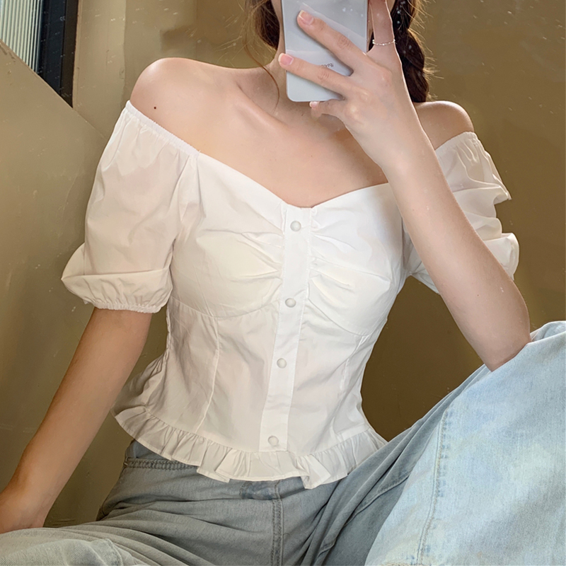 Plus-Size Short Sleeve Bubble Collar Shirt for Women - Summer 2025 French Style Cropped Clavicle Top, Slimming Tummy-Covering Design Plus-Size Short Sleeve Bubble Collar Shirt for Women - Summer 2025 French Style Cropped Clavicle Top, Slimming Tummy-Covering Design