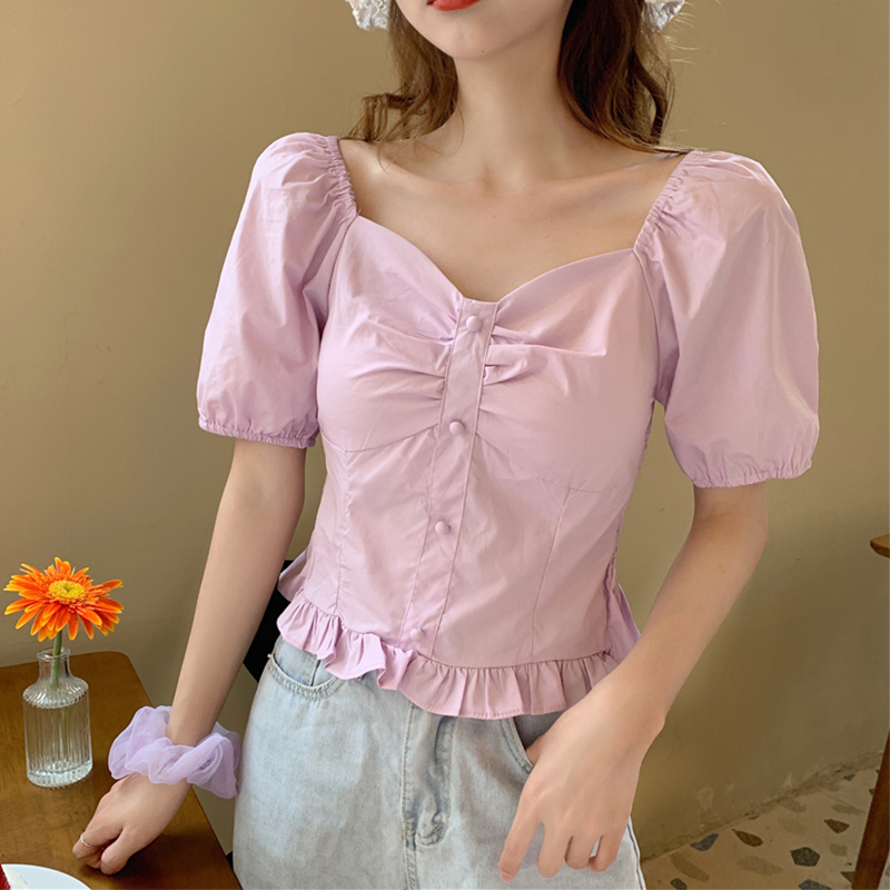 Plus-Size Short Sleeve Bubble Collar Shirt for Women - Summer 2025 French Style Cropped Clavicle Top, Slimming Tummy-Covering Design Plus-Size Short Sleeve Bubble Collar Shirt for Women - Summer 2025 French Style Cropped Clavicle Top, Slimming Tummy-Covering Design