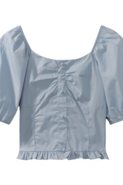 Plus-Size Short Sleeve Bubble Collar Shirt for Women - Summer 2025 French Style Cropped Clavicle Top, Slimming Tummy-Covering Design