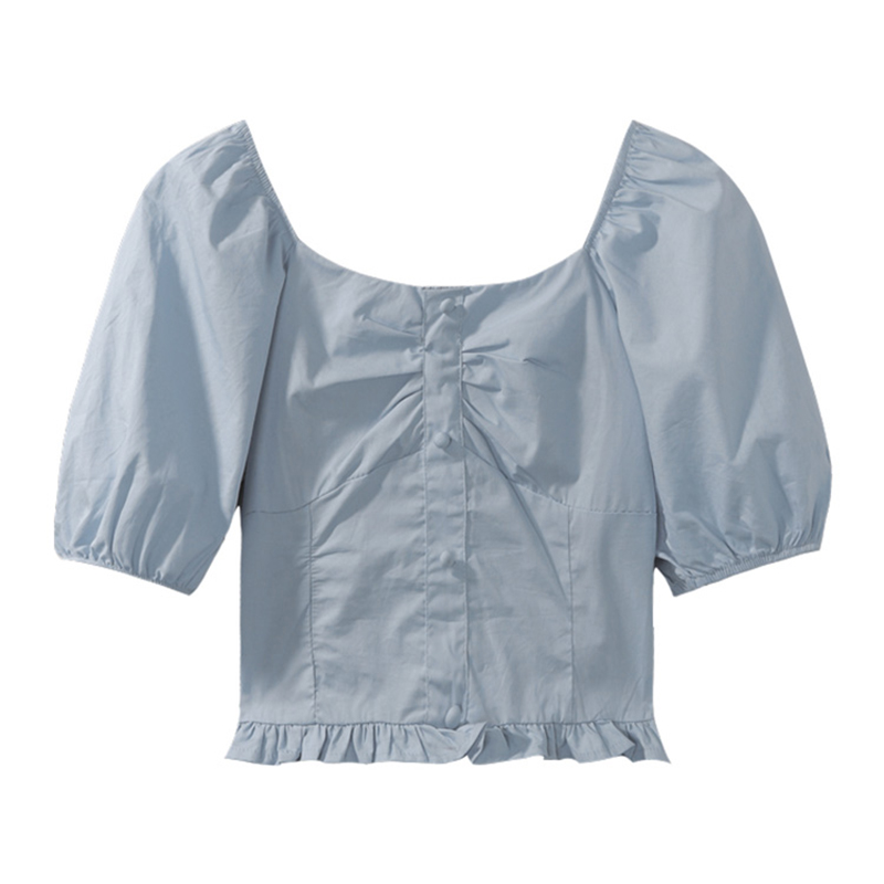 Plus-Size Short Sleeve Bubble Collar Shirt for Women - Summer 2025 French Style Cropped Clavicle Top, Slimming Tummy-Covering Design Plus-Size Short Sleeve Bubble Collar Shirt for Women - Summer 2025 French Style Cropped Clavicle Top, Slimming Tummy-Covering Design