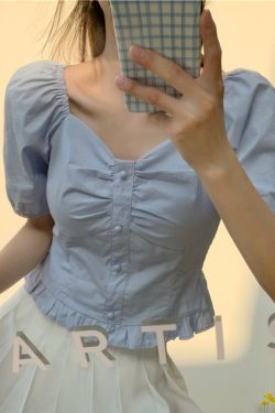 Plus-Size Short Sleeve Bubble Collar Shirt for Women - Summer 2025 French Style Cropped Clavicle Top, Slimming Tummy-Covering Design