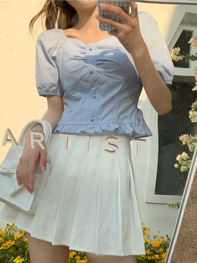 Plus-Size Short Sleeve Bubble Collar Shirt for Women - Summer 2025 French Style Cropped Clavicle Top, Slimming Tummy-Covering Design Plus-Size Short Sleeve Bubble Collar Shirt for Women - Summer 2025 French Style Cropped Clavicle Top, Slimming Tummy-Covering Design