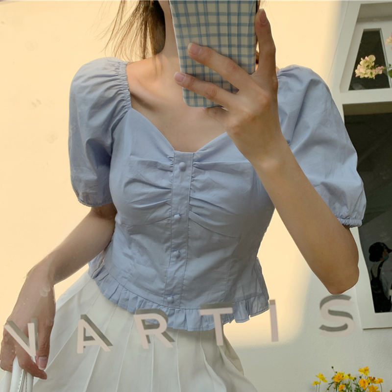 Plus-Size Short Sleeve Bubble Collar Shirt for Women - Summer 2025 French Style Cropped Clavicle Top, Slimming Tummy-Covering Design Plus-Size Short Sleeve Bubble Collar Shirt for Women - Summer 2025 French Style Cropped Clavicle Top, Slimming Tummy-Covering Design