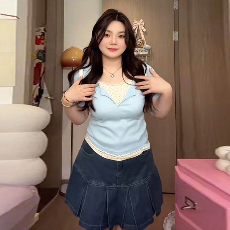 Plus-Size Slim-Fit Short Sleeve Floral Patchwork T-Shirt - Summer Design, Faux Two-Piece Style for Women Plus-Size Slim-Fit Short Sleeve Floral Patchwork T-Shirt - Summer Design, Faux Two-Piece Style for Women