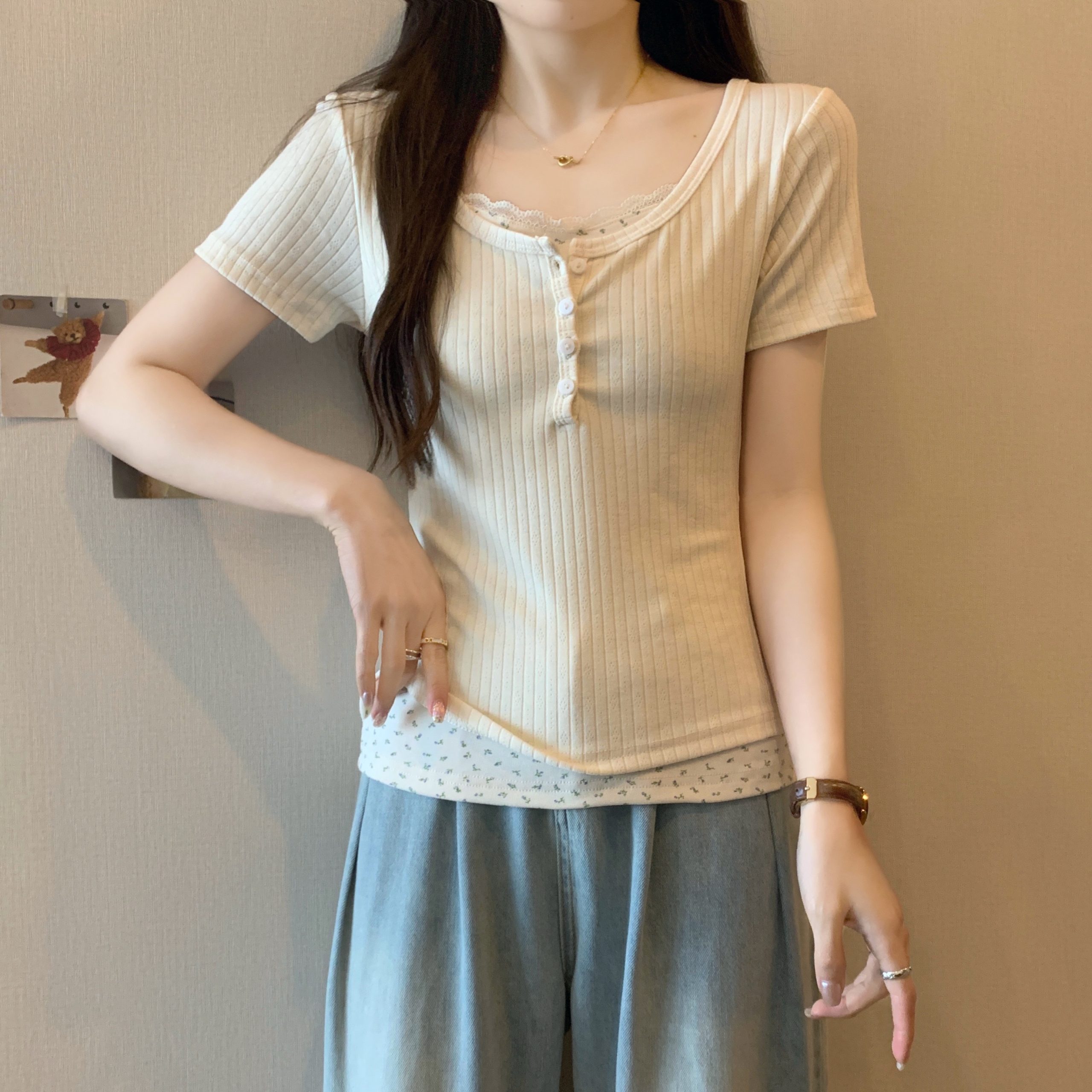 Plus-Size Slim-Fit Short Sleeve Floral Patchwork T-Shirt - Summer Design, Faux Two-Piece Style for Women Plus-Size Slim-Fit Short Sleeve Floral Patchwork T-Shirt - Summer Design, Faux Two-Piece Style for Women