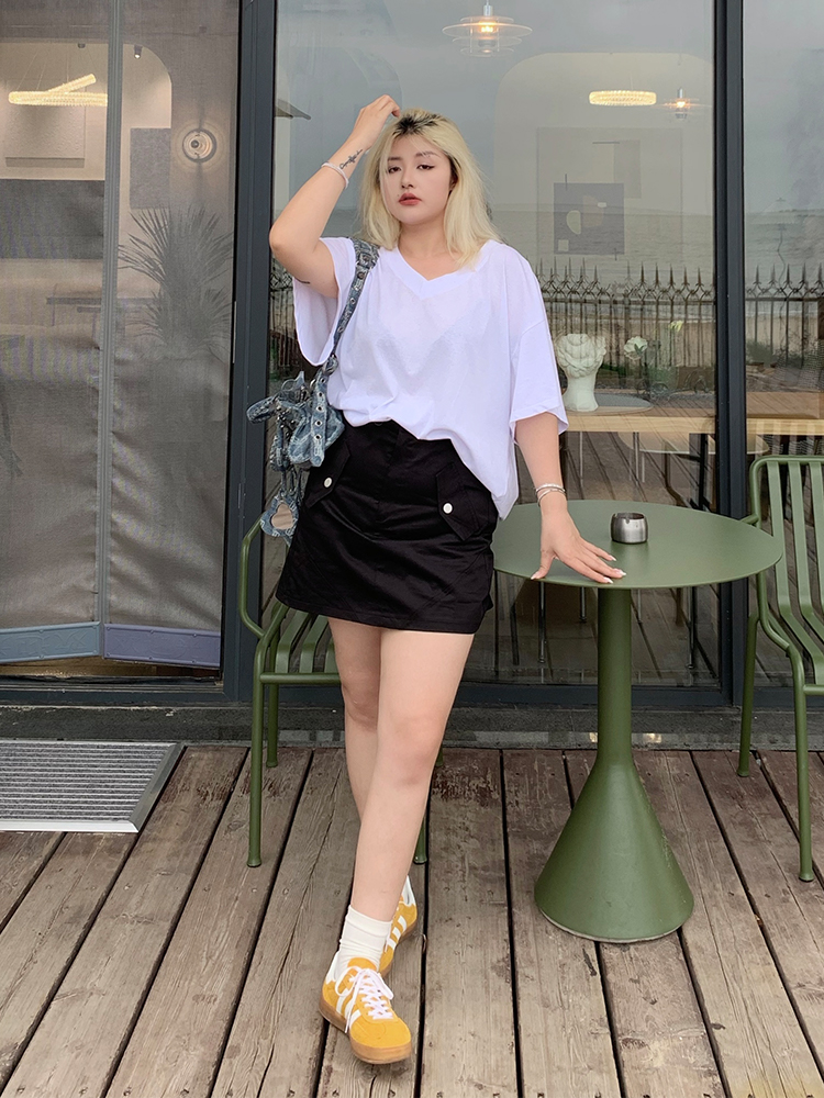 Plus Size Slimming A-Line Midi Skirt for Women, Stylish Summer Casual Streetwear, Fat mm Design, American Workwear Plus Size Slimming A-Line Midi Skirt for Women, Stylish Summer Casual Streetwear, Fat mm Design, American Workwear