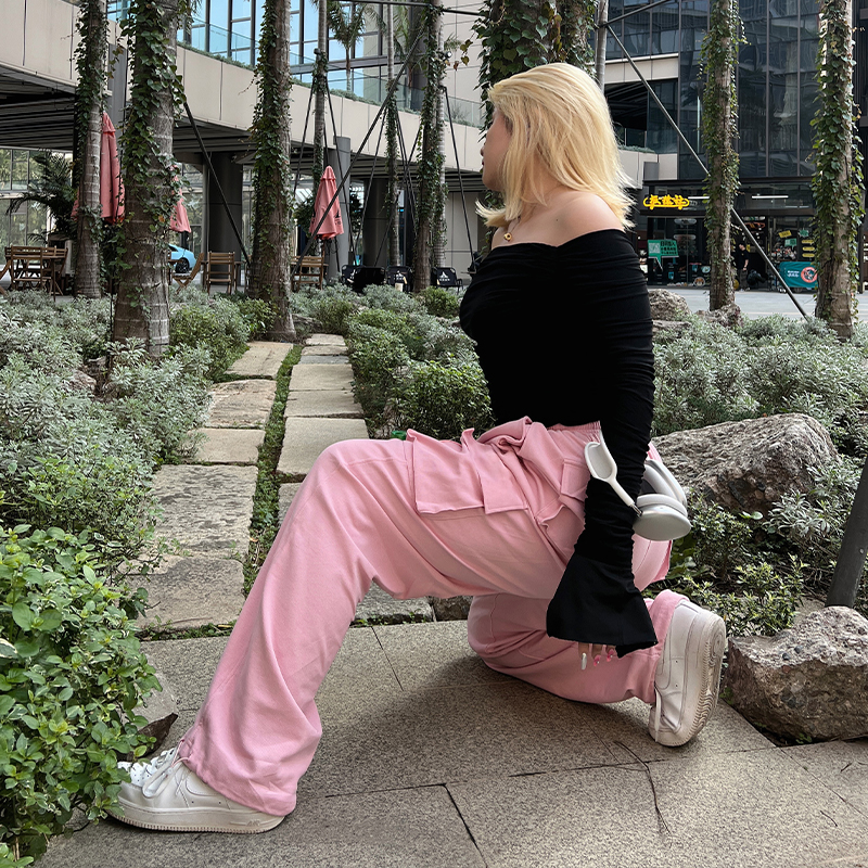 Plus Size Slimming Cargo Pants in Candy Color - European American Style Sports Casual Long Pants with Large Pockets for Spring Summer Plus Size Slimming Cargo Pants in Candy Color - European American Style Sports Casual Long Pants with Large Pockets for Spring Summer