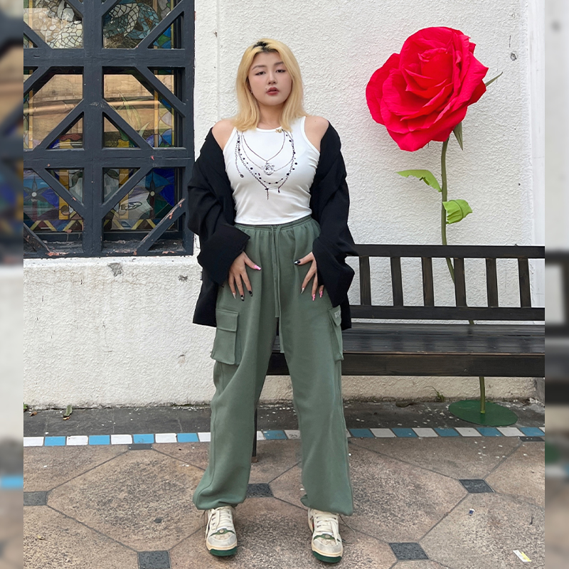 Plus Size Slimming Cargo Pants in Candy Color - European American Style Sports Casual Long Pants with Large Pockets for Spring Summer Plus Size Slimming Cargo Pants in Candy Color - European American Style Sports Casual Long Pants with Large Pockets for Spring Summer