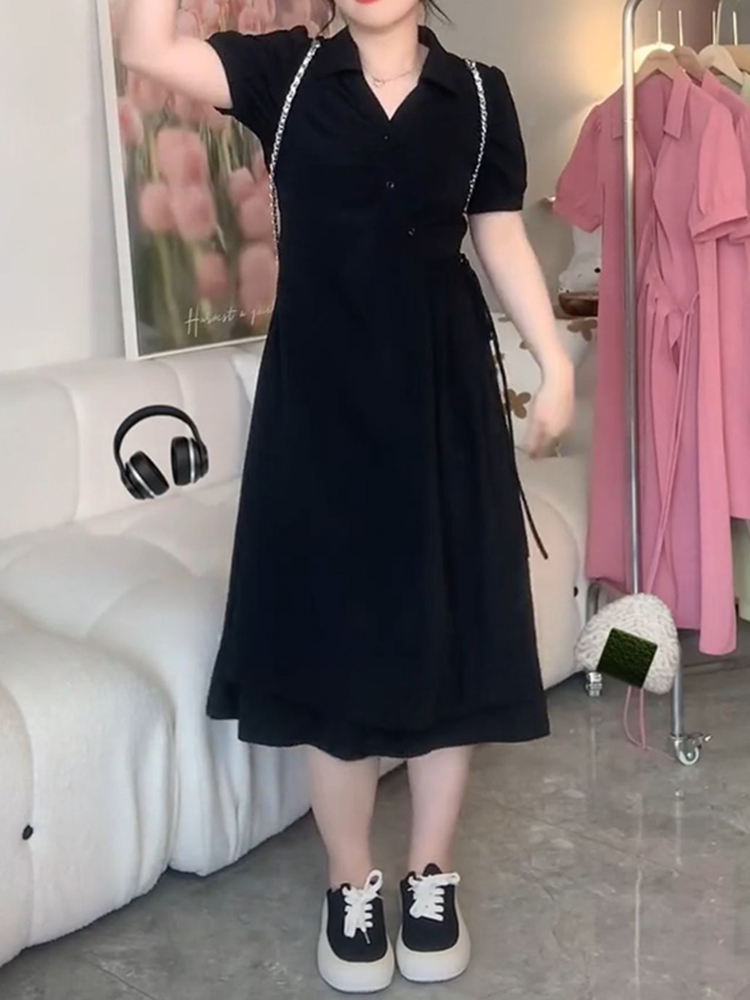 Plus-Size Slimming Dress for Women with Tie Waist, Concealed Belly, Short Sleeve, High-End Feel, Perfect for Summer Events Plus-Size Slimming Dress for Women with Tie Waist, Concealed Belly, Short Sleeve, High-End Feel, Perfect for Summer Events