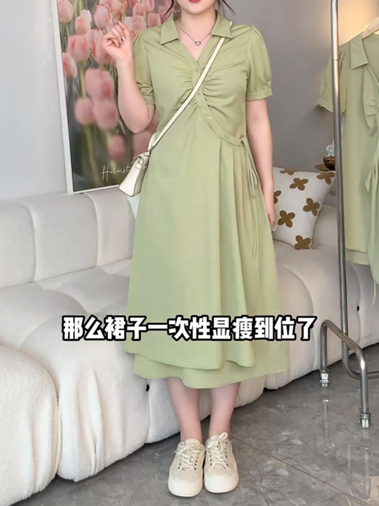 Plus-Size Slimming Dress for Women with Tie Waist, Concealed Belly, Short Sleeve, High-End Feel, Perfect for Summer Events Plus-Size Slimming Dress for Women with Tie Waist, Concealed Belly, Short Sleeve, High-End Feel, Perfect for Summer Events