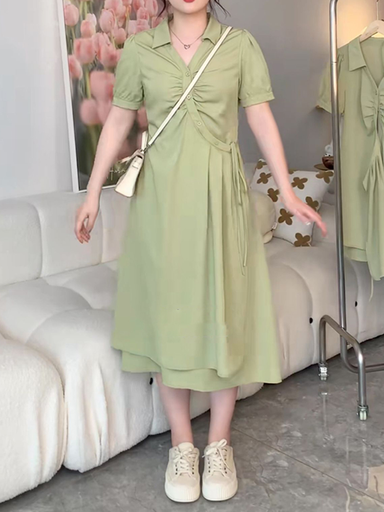 Plus-Size Slimming Dress for Women with Tie Waist, Concealed Belly, Short Sleeve, High-End Feel, Perfect for Summer Events Plus-Size Slimming Dress for Women with Tie Waist, Concealed Belly, Short Sleeve, High-End Feel, Perfect for Summer Events