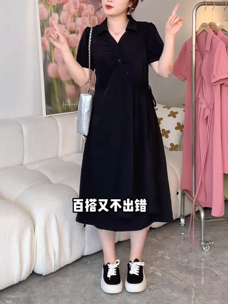 Plus-Size Slimming Dress for Women with Tie Waist, Concealed Belly, Short Sleeve, High-End Feel, Perfect for Summer Events Plus-Size Slimming Dress for Women with Tie Waist, Concealed Belly, Short Sleeve, High-End Feel, Perfect for Summer Events