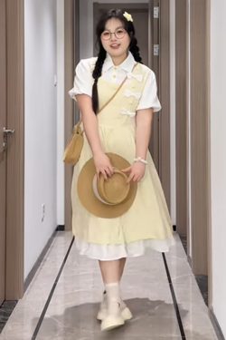 Plus-Size Slimming Forest Bow-Tie Waist Long Dress - Summer Sweet College Style First Love Fake Two-Piece Dress