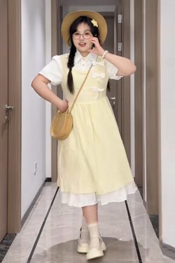 Plus-Size Slimming Forest Bow-Tie Waist Long Dress - Summer Sweet College Style First Love Fake Two-Piece Dress