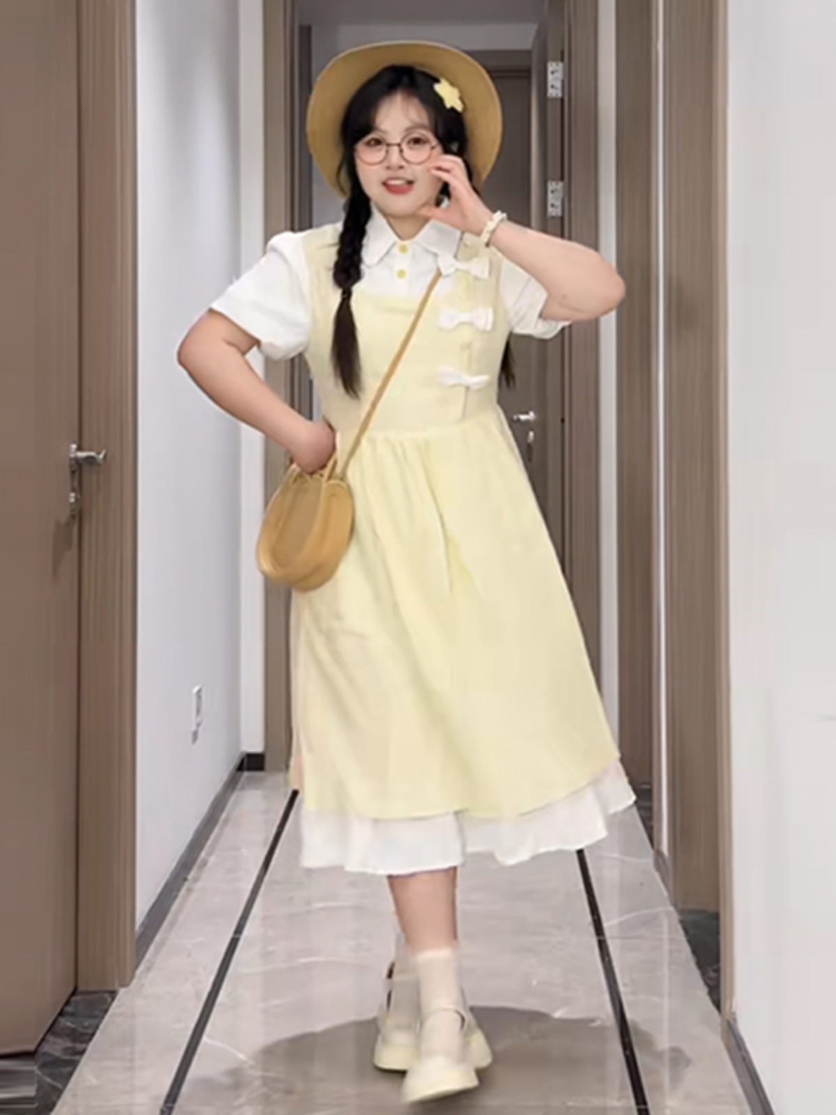 Plus-Size Slimming Forest Bow-Tie Waist Long Dress - Summer Sweet College Style First Love Fake Two-Piece Dress Plus-Size Slimming Forest Bow-Tie Waist Long Dress - Summer Sweet College Style First Love Fake Two-Piece Dress