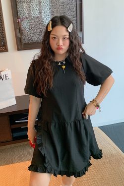 Plus Size Slimming Little Black Dress for Women - Gold Lace Edge Design, Summer 2025 New Style for Curvy Figures