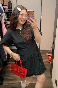 Plus Size Slimming Little Black Dress for Women - Gold Lace Edge Design, Summer 2025 New Style for Curvy Figures