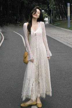 Plus-Size Slimming Two-Piece Summer Dress Cardigan Set with Elegant Jacquard Lace Camisole – Perfect for Chic Casual Outings