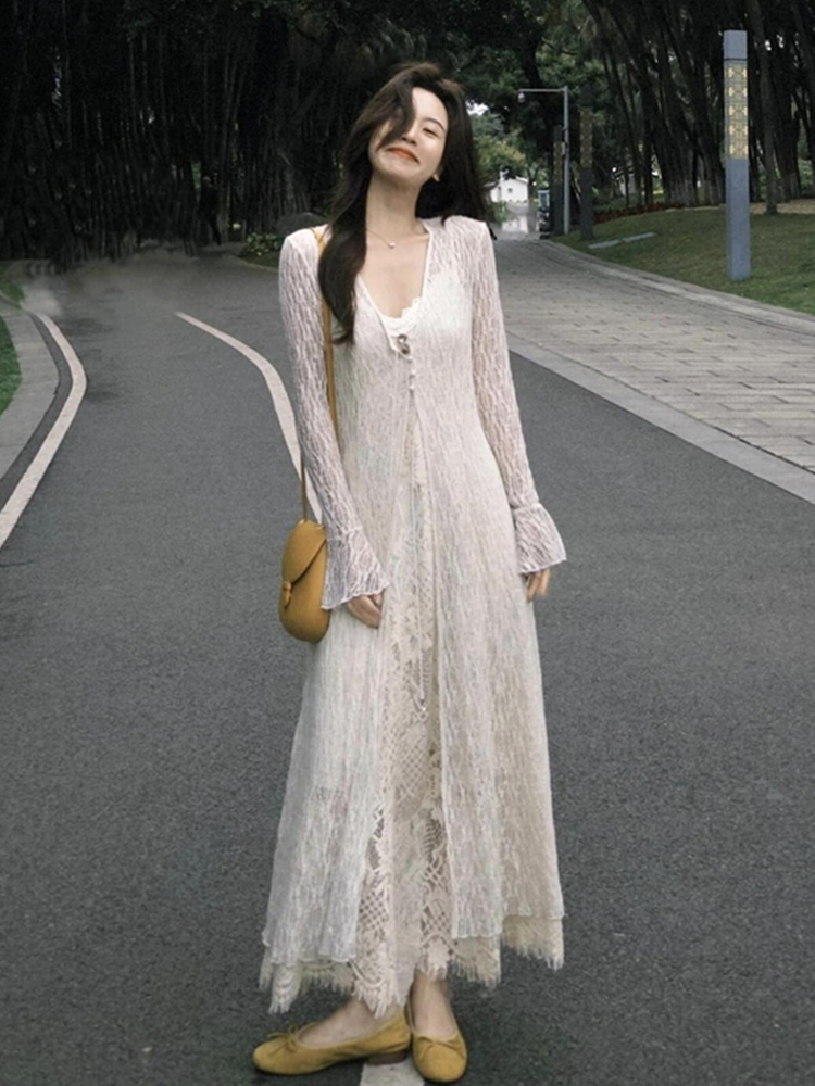 Plus-Size Slimming Two-Piece Summer Dress Cardigan Set with Elegant Jacquard Lace Camisole – Perfect for Chic Casual Outings Plus-Size Slimming Two-Piece Summer Dress Cardigan Set with Elegant Jacquard Lace Camisole – Perfect for Chic Casual Outings