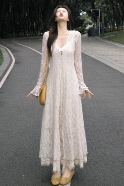 Plus-Size Slimming Two-Piece Summer Dress Cardigan Set with Elegant Jacquard Lace Camisole – Perfect for Chic Casual Outings