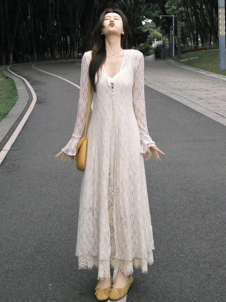 Plus-Size Slimming Two-Piece Summer Dress Cardigan Set with Elegant Jacquard Lace Camisole – Perfect for Chic Casual Outings Plus-Size Slimming Two-Piece Summer Dress Cardigan Set with Elegant Jacquard Lace Camisole – Perfect for Chic Casual Outings