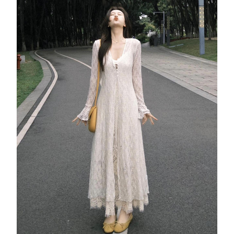 Plus-Size Slimming Two-Piece Summer Dress Cardigan Set with Elegant Jacquard Lace Camisole – Perfect for Chic Casual Outings Plus-Size Slimming Two-Piece Summer Dress Cardigan Set with Elegant Jacquard Lace Camisole – Perfect for Chic Casual Outings