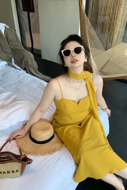 Plus Size Spaghetti Strap Beach Vacation Dress in Ginger Yellow, Flattering for Fair Skin, Slightly Chubby City Escape Style