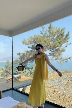 Plus Size Spaghetti Strap Beach Vacation Dress in Ginger Yellow, Flattering for Fair Skin, Slightly Chubby City Escape Style