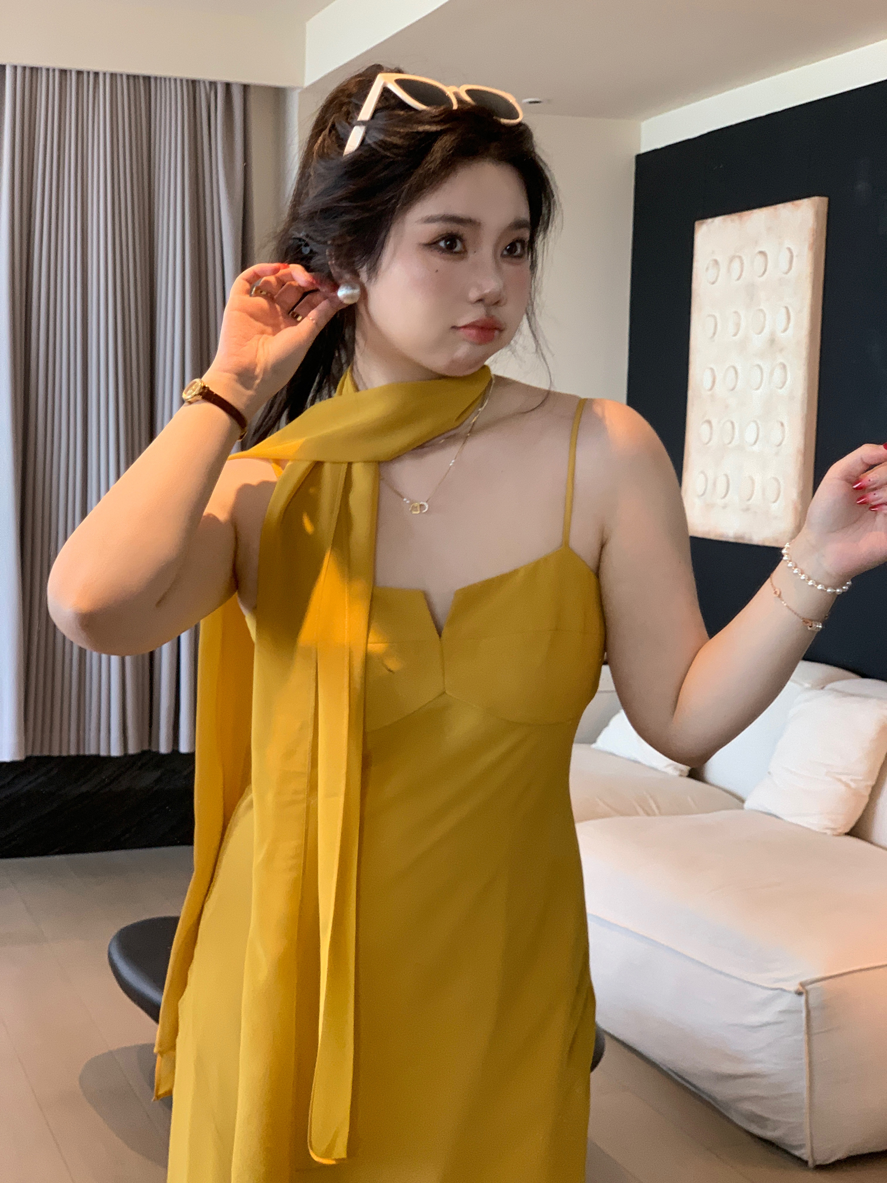 Plus Size Spaghetti Strap Beach Vacation Dress in Ginger Yellow, Flattering for Fair Skin, Slightly Chubby City Escape Style Plus Size Spaghetti Strap Beach Vacation Dress in Ginger Yellow, Flattering for Fair Skin, Slightly Chubby City Escape Style