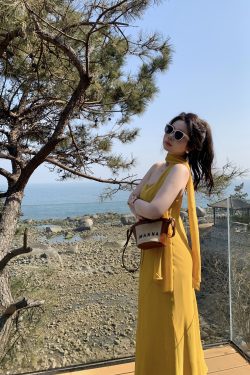 Plus Size Spaghetti Strap Beach Vacation Dress in Ginger Yellow, Flattering for Fair Skin, Slightly Chubby City Escape Style