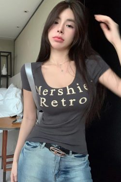 Plus-Size Spicy Girl U-Neck Short Sleeve T-Shirt for Women - Summer American Style, Slim Fit, Flattering Belly Design, Trendy Fashion