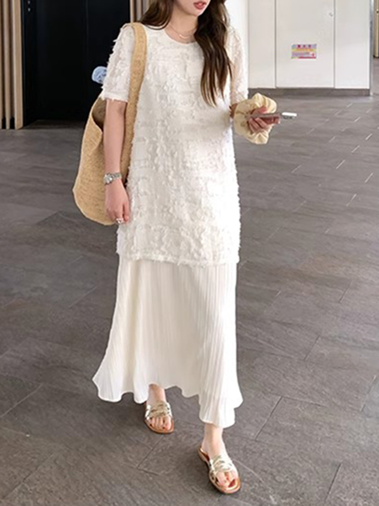 Plus Size Spliced Chiffon Loose Dress for Women, French Style Short Sleeve, Flattering Fit, Hides Belly, Elegant Casual Wear Plus Size Spliced Chiffon Loose Dress for Women, French Style Short Sleeve, Flattering Fit, Hides Belly, Elegant Casual Wear