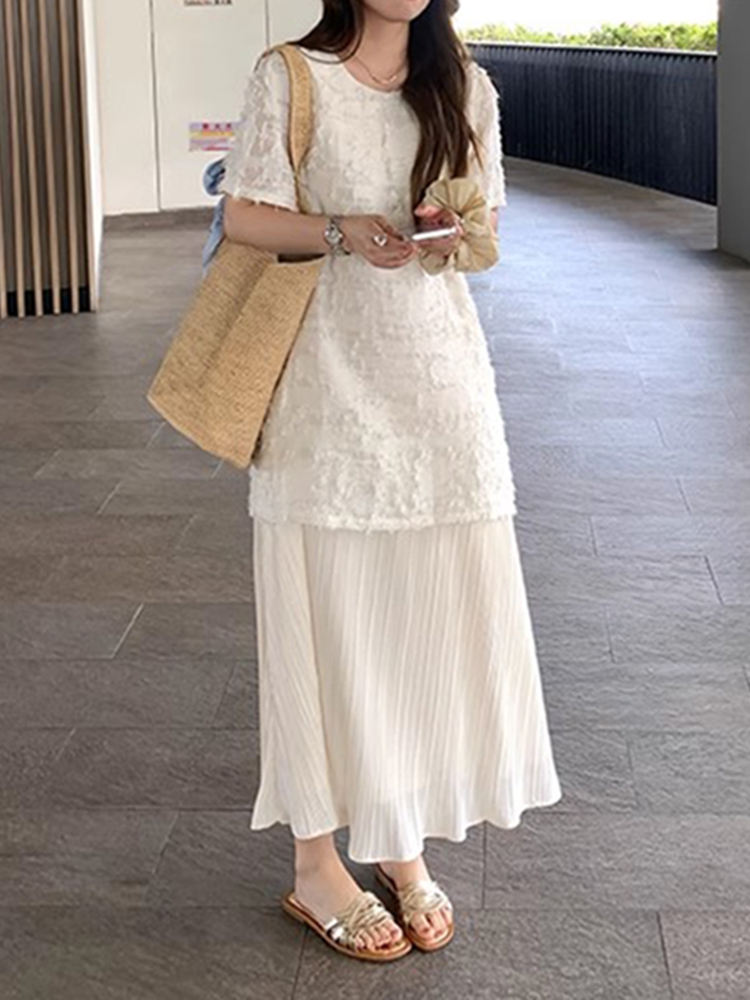 Plus Size Spliced Chiffon Loose Dress for Women, French Style Short Sleeve, Flattering Fit, Hides Belly, Elegant Casual Wear Plus Size Spliced Chiffon Loose Dress for Women, French Style Short Sleeve, Flattering Fit, Hides Belly, Elegant Casual Wear