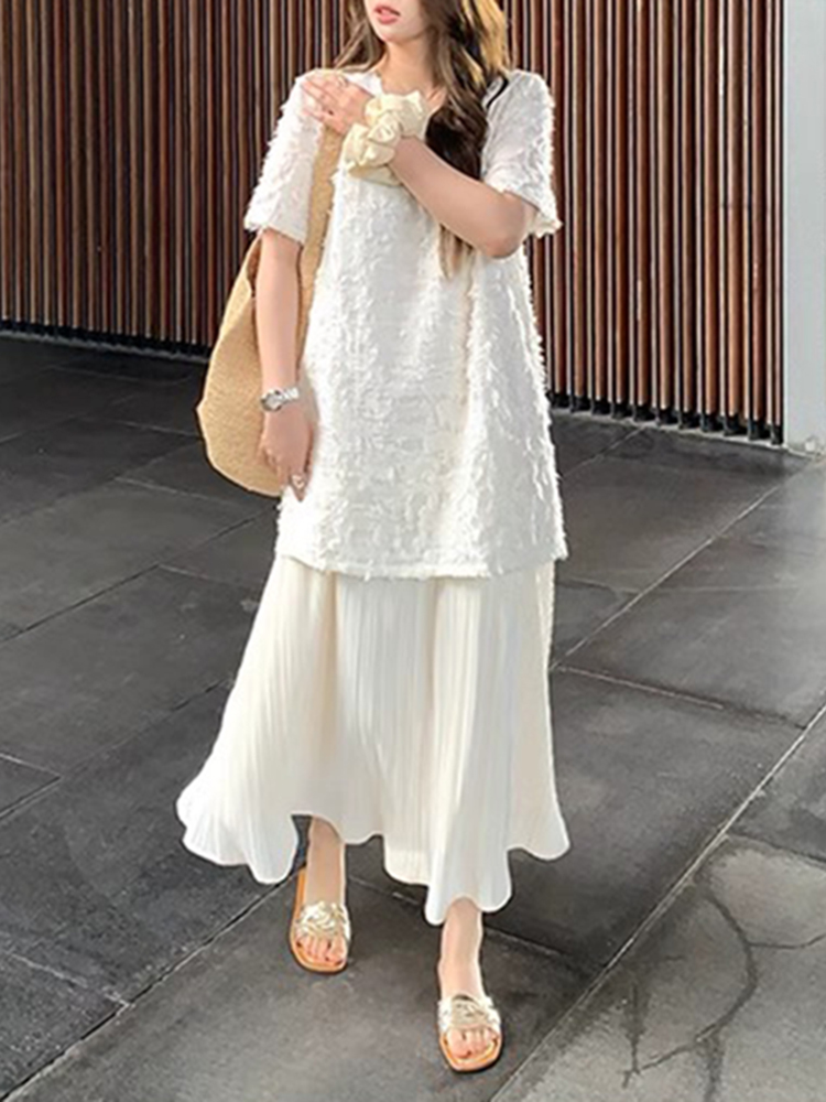 Plus Size Spliced Chiffon Loose Dress for Women, French Style Short Sleeve, Flattering Fit, Hides Belly, Elegant Casual Wear Plus Size Spliced Chiffon Loose Dress for Women, French Style Short Sleeve, Flattering Fit, Hides Belly, Elegant Casual Wear
