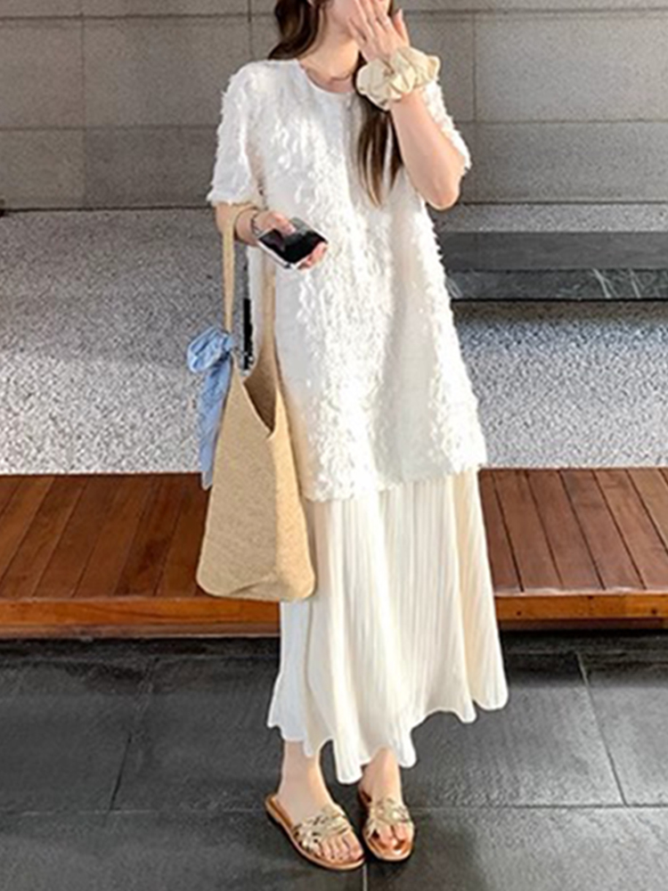 Plus Size Spliced Chiffon Loose Dress for Women, French Style Short Sleeve, Flattering Fit, Hides Belly, Elegant Casual Wear Plus Size Spliced Chiffon Loose Dress for Women, French Style Short Sleeve, Flattering Fit, Hides Belly, Elegant Casual Wear