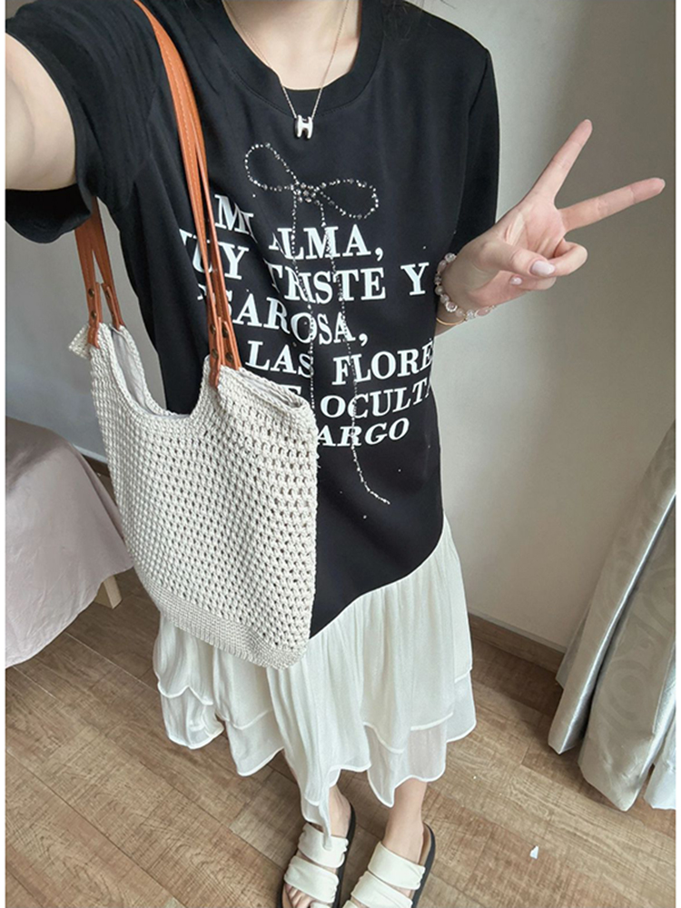 Plus Size Spliced Fake Two-Piece Dress for Women, Flattering Loose Fit, Stylish Design, Hides Belly, Perfect for Curvy Figures Plus Size Spliced Fake Two-Piece Dress for Women, Flattering Loose Fit, Stylish Design, Hides Belly, Perfect for Curvy Figures